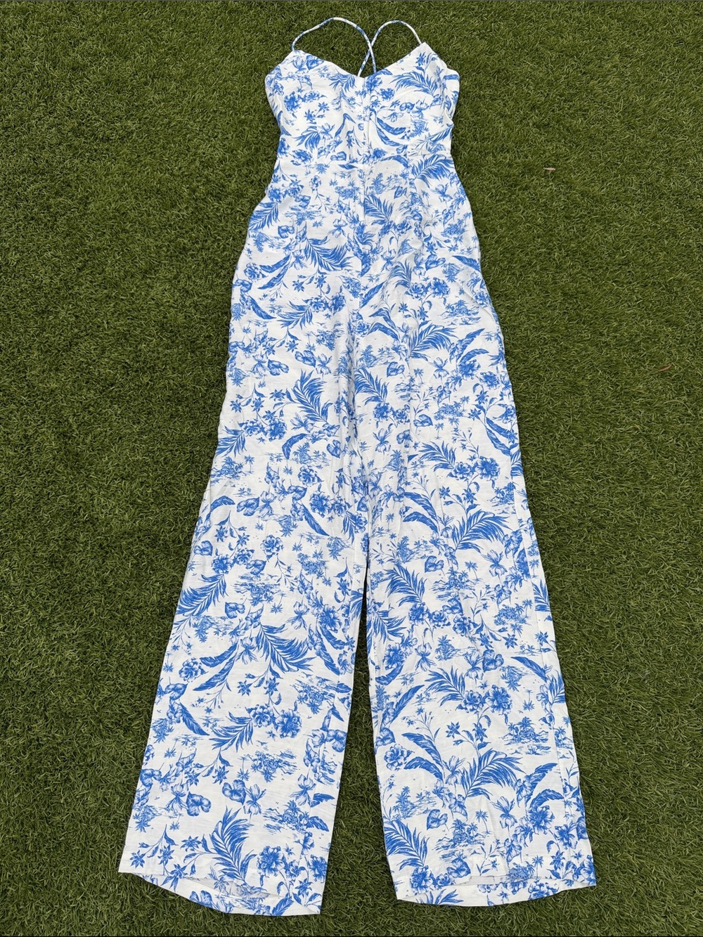 Mango Blue and White Floral Wide-Leg Jumpsuit